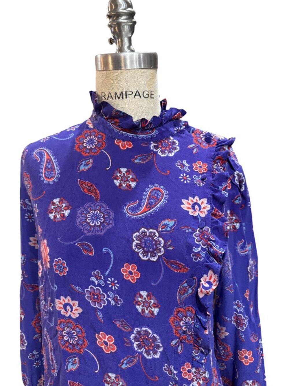 Claudie Pierlot Silk Floral Blouse Ruffle Neck Size 38 Blue Red Paisley - Picture 3 of 9